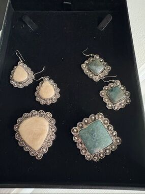 Handcrafted Silver Filigree Earrings and Pendant Set with Beige and Teal Stones